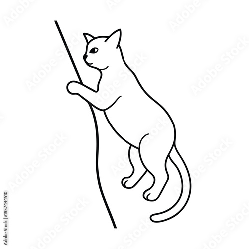 Cat climbing tree trunk, outline drawing, playful pet pet, domestic animal sketch