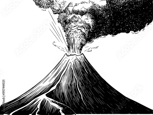 Black and white of a smoking volcano erupting with ash cloud a white background eruption