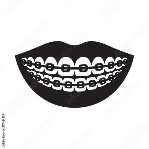A black and white illustration of a smiling mouth with dental braces