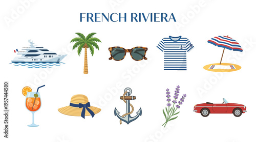 Illustrations of French Riviera icons including a yacht palm tree sunglasses shirt umbrella cocktail hat anchor lavender and car