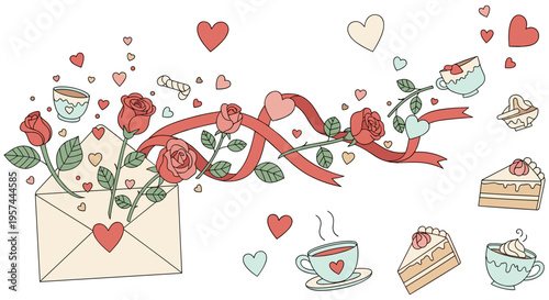 Valentines Day illustration with roses and desserts in whimsical colorful drawing for greeting card