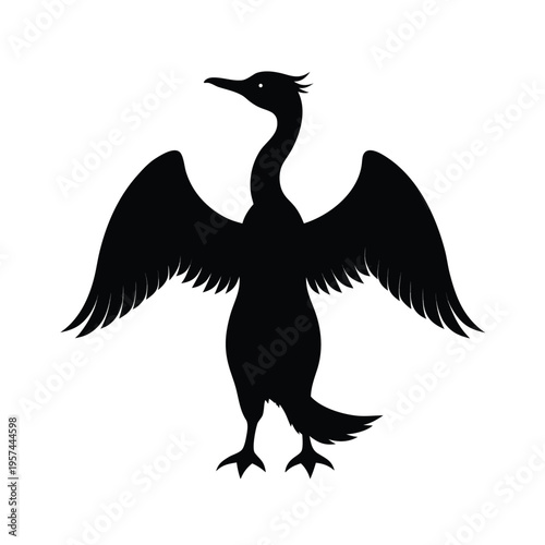 Majestic cormorant silhouette spreading wings for drying vector illustration for nature art