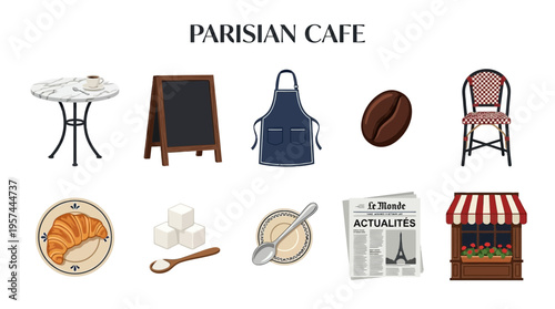 A collection of ten graphic elements representing Parisian cafe items titled PARISIAN CAFE