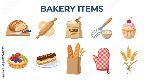 Collection of cartoon illustrations depicting various bakery items and baking tools