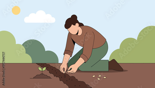 Woman planting seeds in the ground with a small green sprout nearby in a sunny outdoor setting illustration