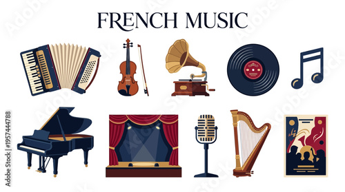Illustration of French music elements including instruments stage and icons