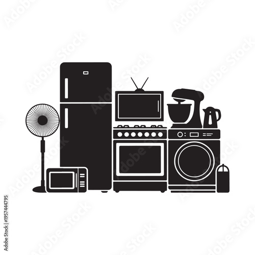 Black silhouette icons depicting various household appliances arranged together