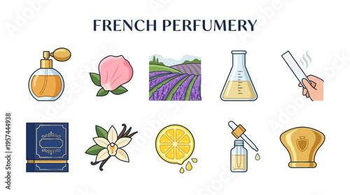 Ten icons related to French perfumery arranged in two rows