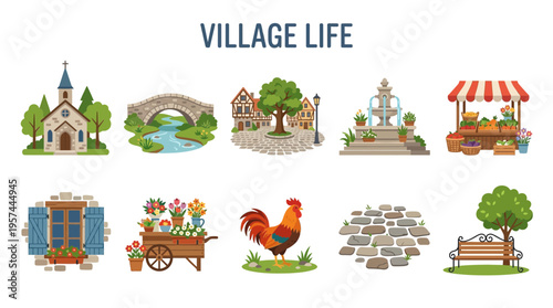 A collection of ten cartoon icons depicting elements of village life on a white background