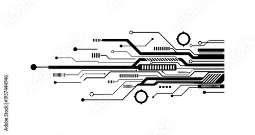 Silhouette of a futuristic circuit board design with various lines and shapes