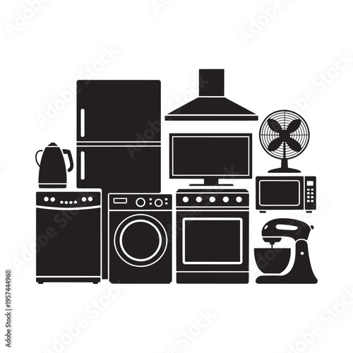 Black silhouette icons depicting various common household appliances
