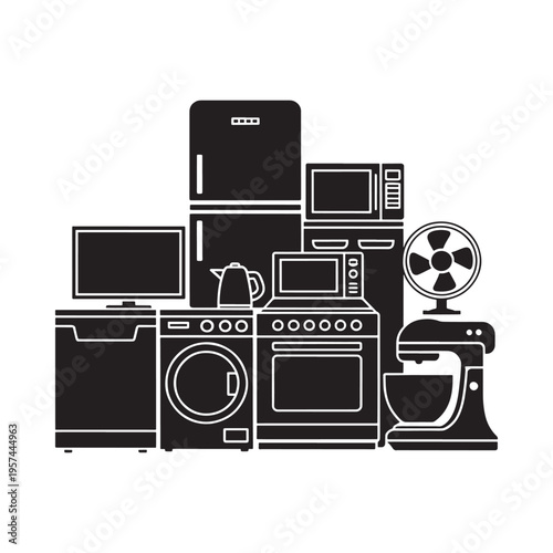 Black and white illustration depicting various common household appliances