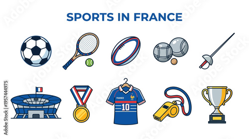Illustration of various sports equipment and symbols associated with French sports