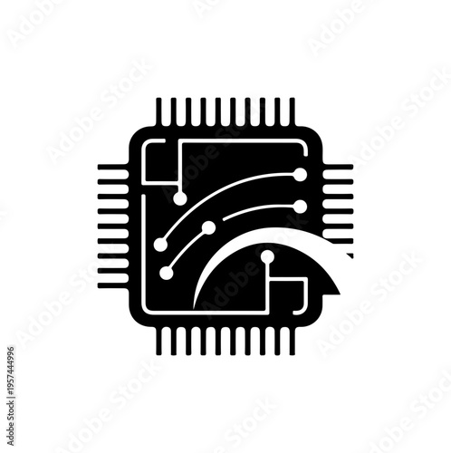 Silhouette of a computer microchip with white circuitry on a black background