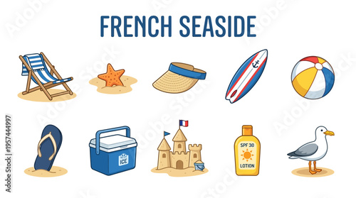 Cartoon icons representing items for a French seaside vacation arranged in two rows