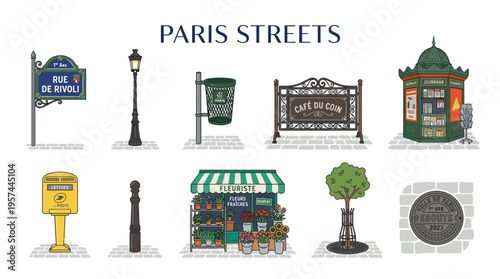 Illustrations of ten distinct Parisian street elements and fixtures set against a white background