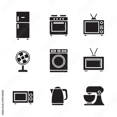 Black silhouettes depicting various household appliances on a white background