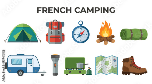 Flat icons depicting various French camping gear and equipment items