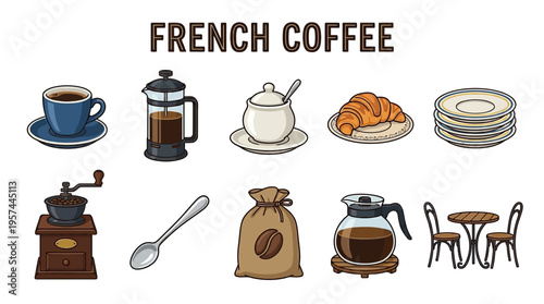 Cartoon illustration of various French coffee accessories and a croissant