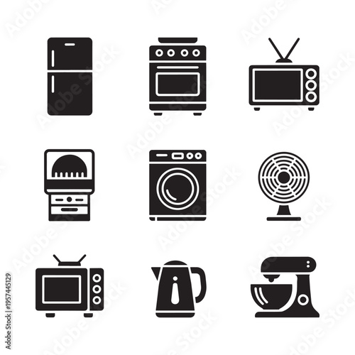 Black silhouettes of common household appliances against a white background