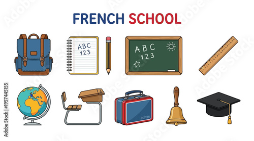 Collection of ten distinct illustrated French school supplies and academic items on a white background