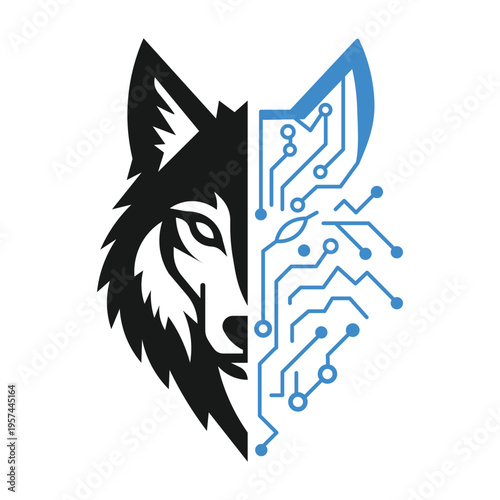Cybernetic Wolf Head Vector Illustration - Tech Circuit Board Animal Logo Design for T-Shirt and Branding