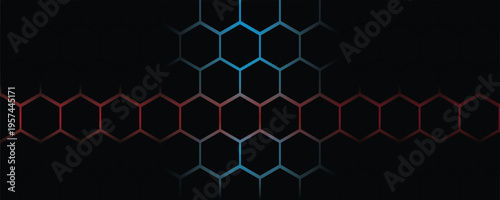 Dark gray and red horizontal hexagonal technology abstract vector background. red bright energy flashes under hexagon in futuristic modern technology wide banner. Dark gray honeycomb texture grid.