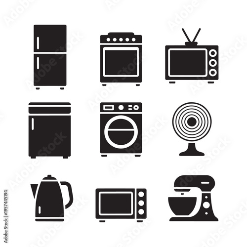 Black silhouette icons depicting common household appliances arranged in a grid