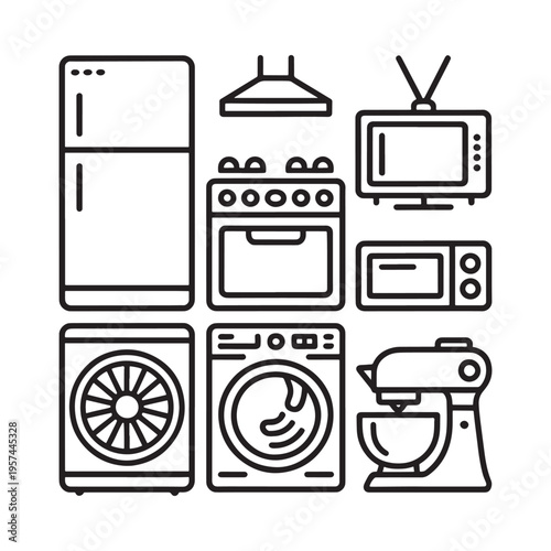 Line drawing depicting various common household appliances in a grid layout