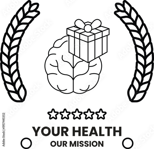 Simple black-and-white design shows a brain with a gift box on top