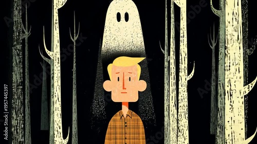 Spooky Forest with Playful Ghost in Yellow Plaid Shirt: Mid-Century Animated Character in Whimsical Surreal Art