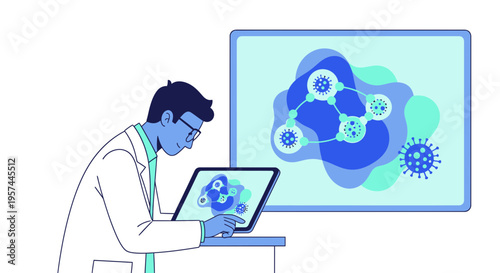 Scientist analyzing virus structure on laptop and large screen, scientific research concept