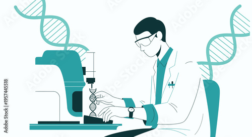 Scientist Examining DNA Helix in Laboratory with Advanced Equipment and Futuristic DNA Graphics