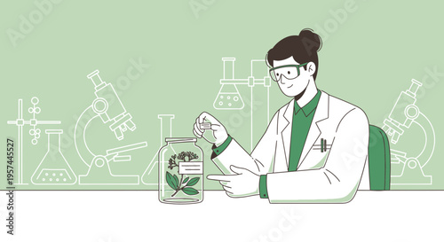 Scientist examines plant sample in laboratory with microscopes and beakers