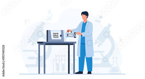 Scientist conducts rapid virus test in laboratory with microscopes and test tubes