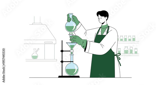 Scientist conducting experiment with flasks in laboratory, green liquid, science research