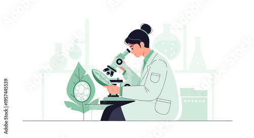 Scientist examining plant cells under microscope in laboratory, biotechnology research