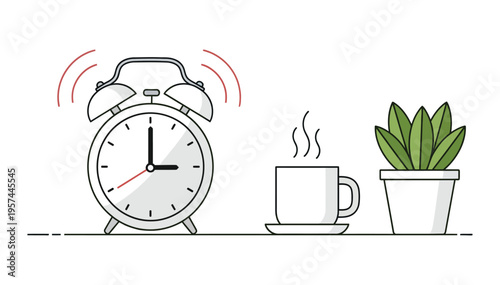 Minimalist vector illustration of an alarm clock ringing next to a steaming cup of coffee and a potted plant