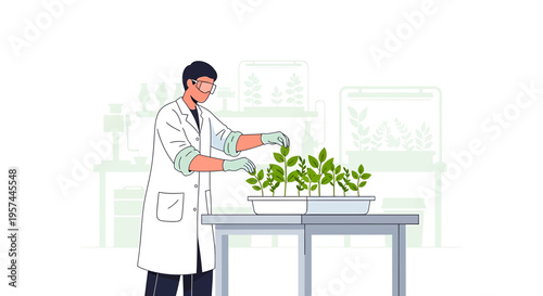 Scientist examining plants in a laboratory, biotechnology research, green sprouts in a tray