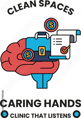 Hand holds brain with money, documents, and a key