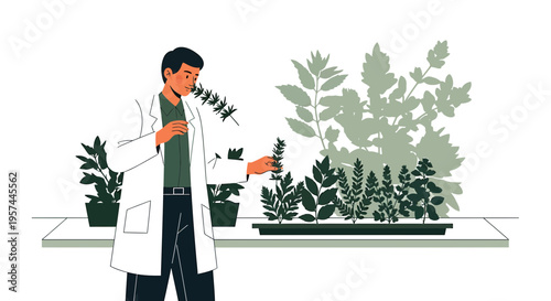 Scientist examining plants in a laboratory, research and botany concept