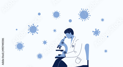 Scientist examining virus particles under microscope, scientific research, laboratory