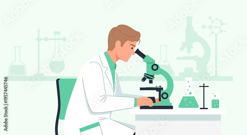 Scientist in lab coat using microscope, scientific research, laboratory equipment, medical discovery