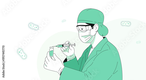 Scientist in protective gear preparing vaccine injection from vial with syringe, surrounded by microbes