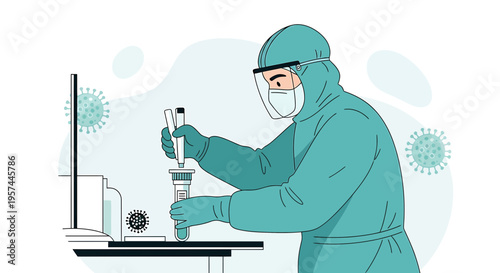 Scientist in protective suit conducting COVID-19 test, laboratory research, virus concept