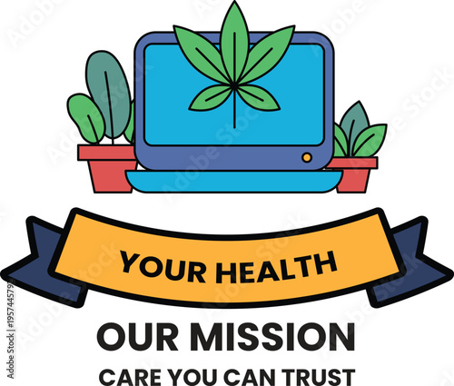 Laptop displays leaf symbol, framed by plants