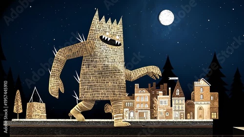Giant Monster Whimsical Creature in Urban Landscape: Nighttime Adventure in Cartoon Style Illustration Art