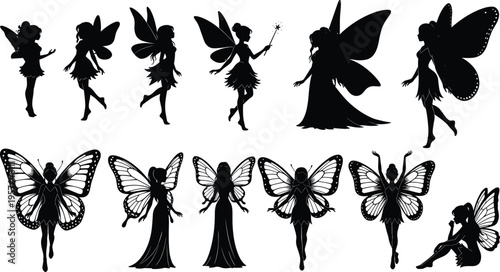 Black silhouette fairy and butterfly mythical creatures collection featuring magical woodland pixies with elegant wings for fantasy garden design and whimsical enchanted forest art projects (25 words)