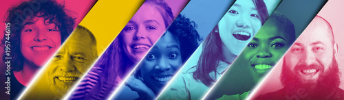 Fotografía Multicultural people portraits in neon gradient lighting diagonal banner layout