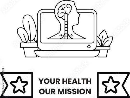 Laptop screen shows human head with brain and lungs